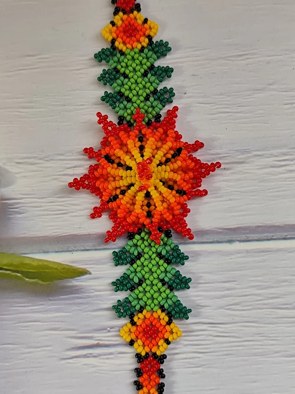 Vibrant Floral Seed Bead Bracelet in Red, Orange & Green